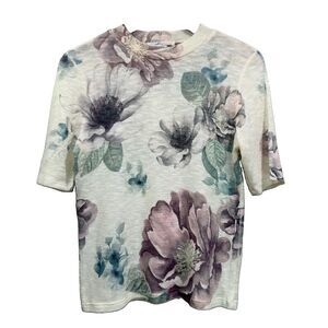 GAZE USA Women's Size L  Floral Print Fitted Stretchy Lightweight  Crew Neck Top